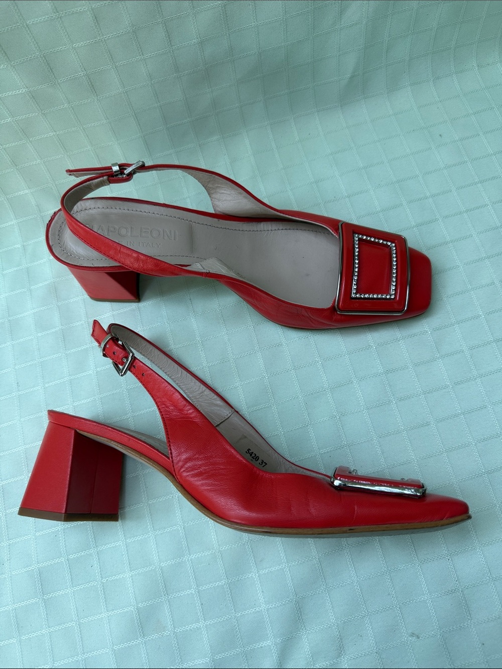 Napoleoni Orange Red Slingback Mid Heel Leather Pumps with Embellished Buckle